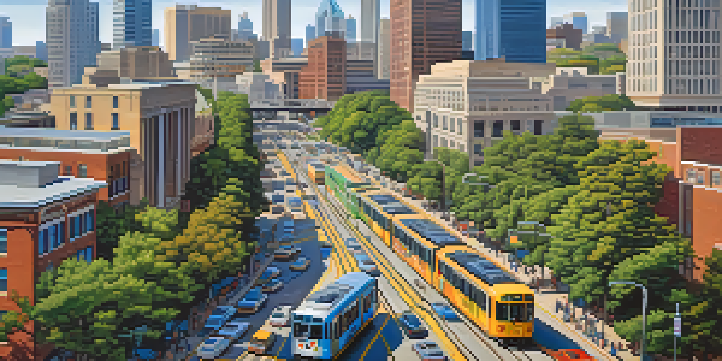 A vibrant urban scene in Atlanta with busy highways, MARTA trains, and pedestrians, surrounded by greenery and the city skyline in the background.