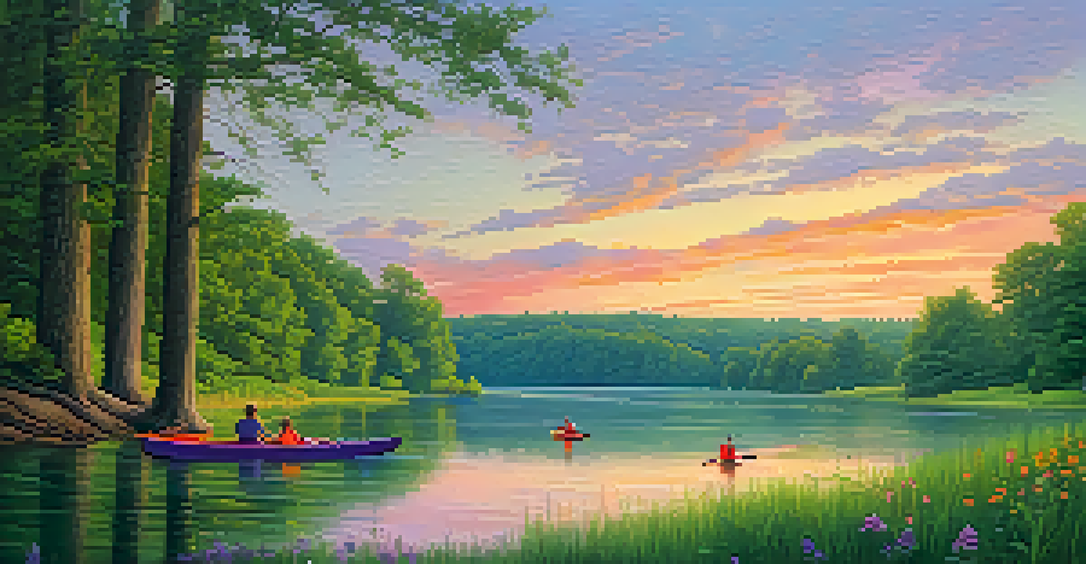 A sunset over the Chattahoochee River with colorful reflections, surrounded by greenery and a family having a picnic.