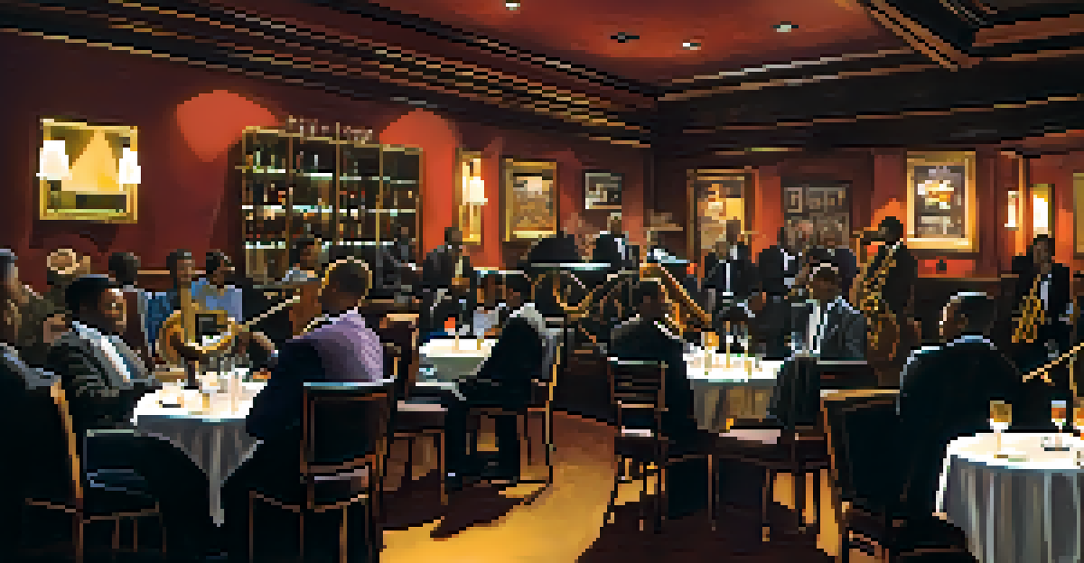 A cozy jazz club in Atlanta with a saxophonist on stage and patrons enjoying the ambiance.