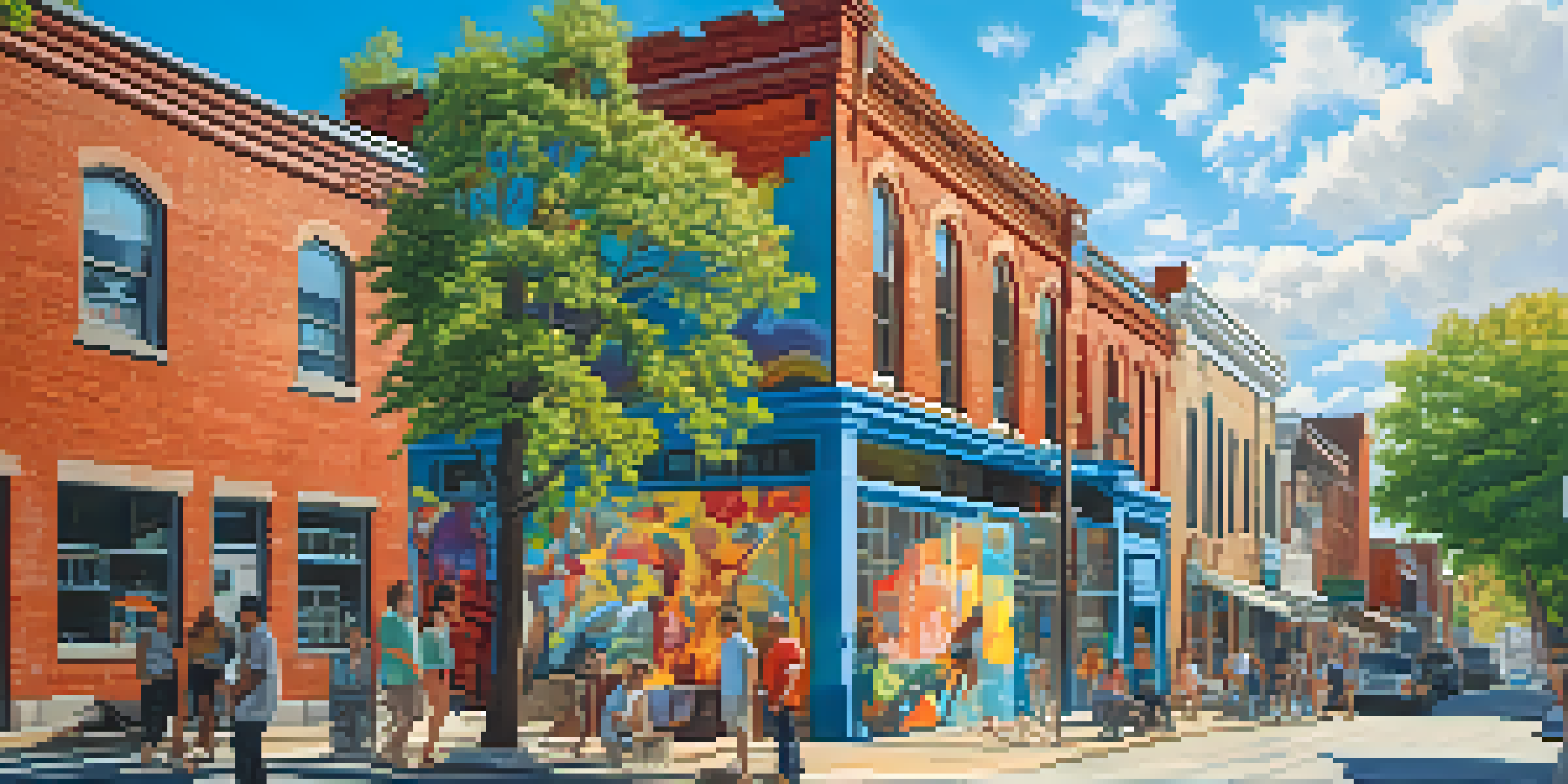 A lively street in Cabbagetown with a colorful mural, diverse people chatting, and art supplies visible in the foreground under sunny skies.