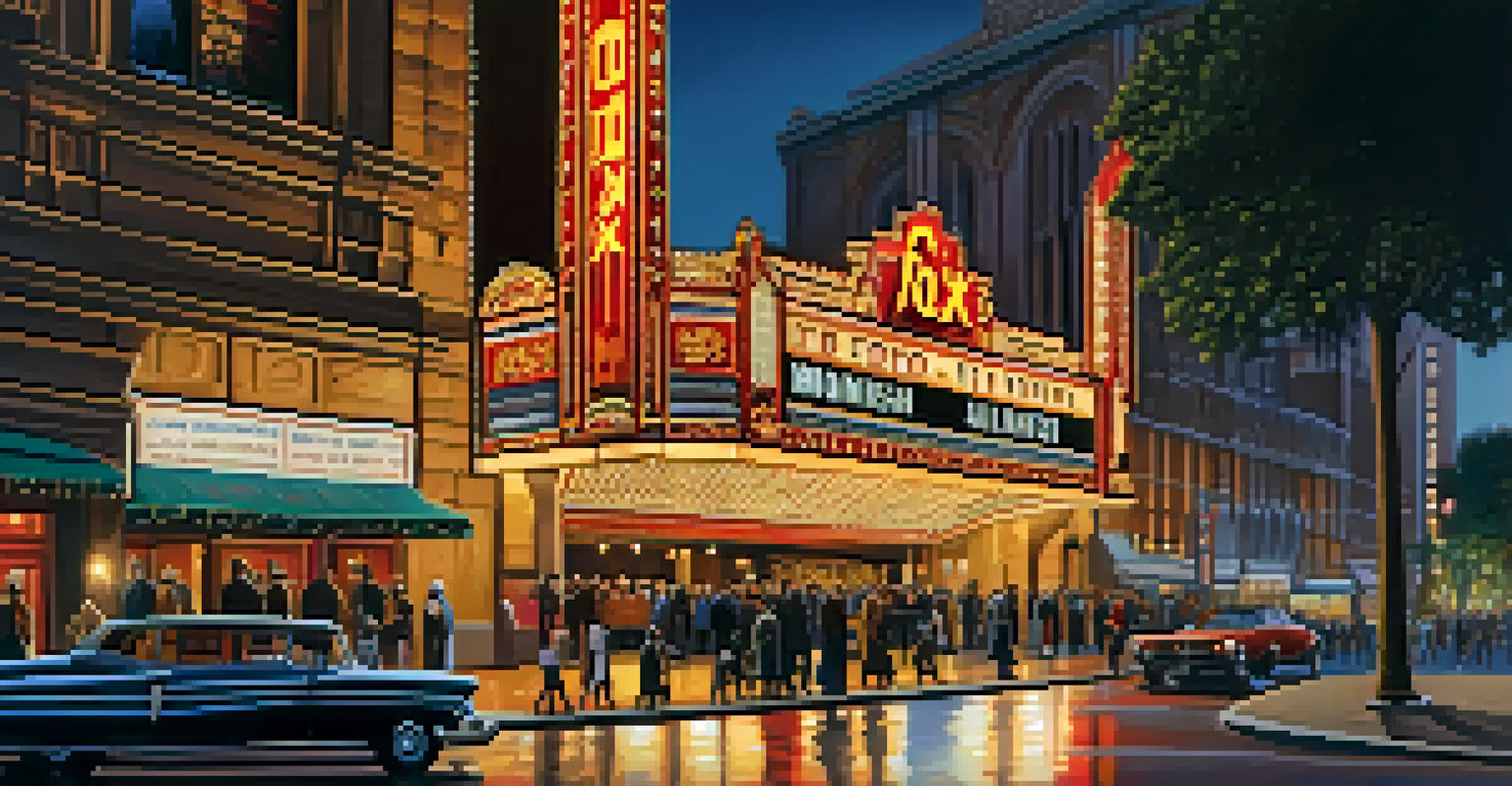 The Fox Theatre in Atlanta, showcasing its intricate Moorish architecture and glowing marquee lights at night, with a lively street scene.