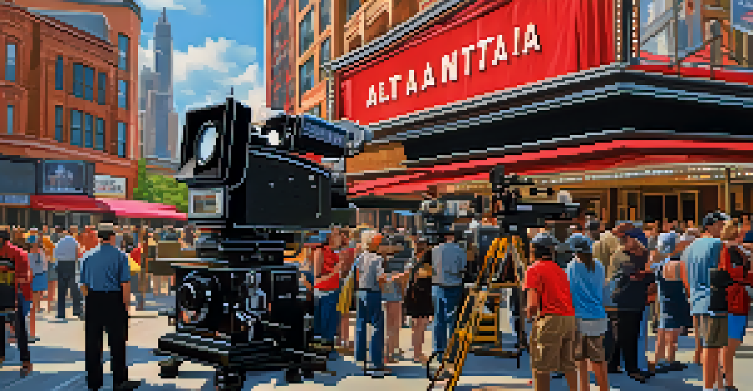 A film set in Atlanta with crew members and iconic landmarks in the background.