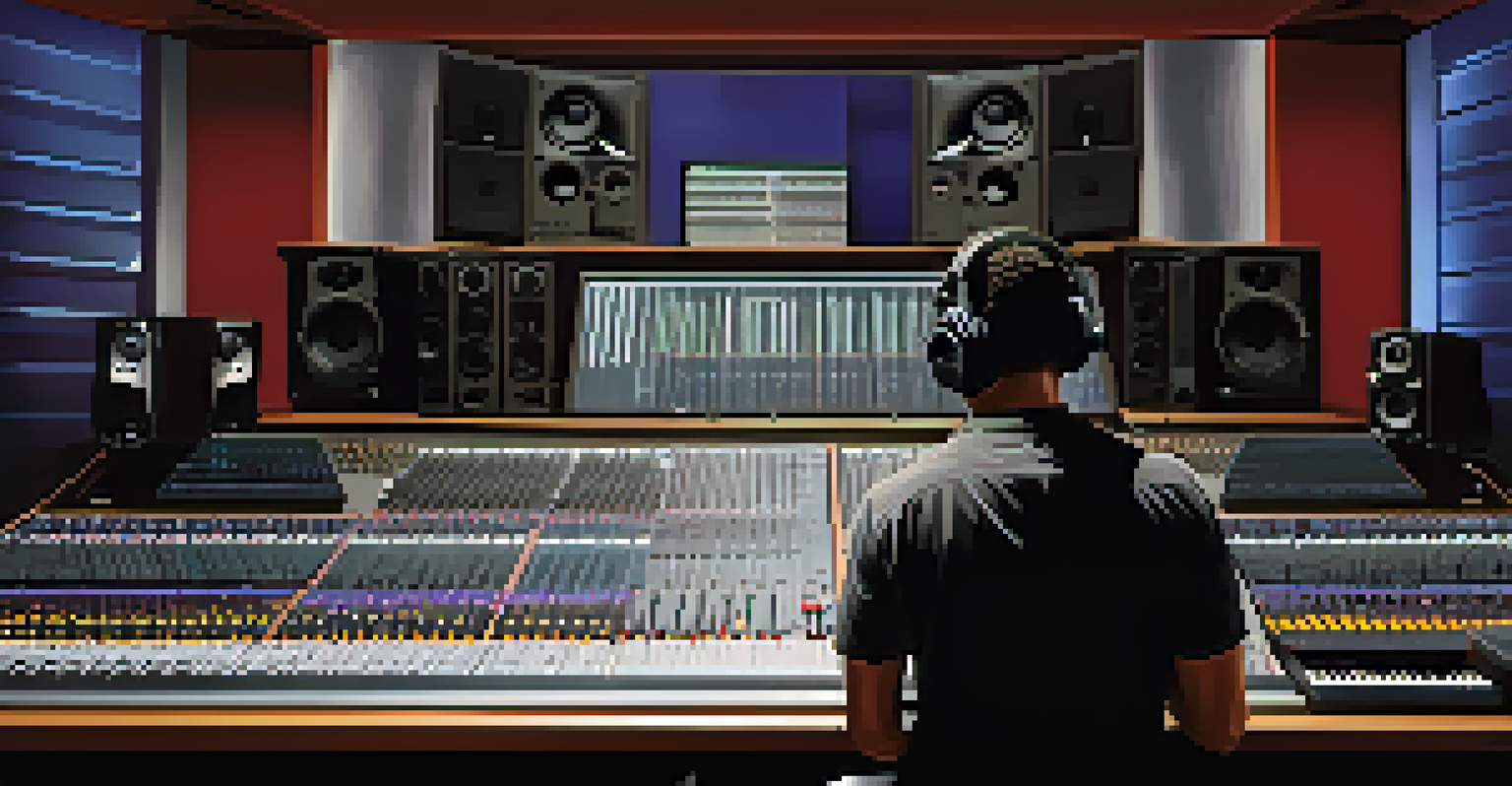 A sound engineer in a modern recording studio in Atlanta, adjusting the mixing board surrounded by acoustic panels and musical instruments.