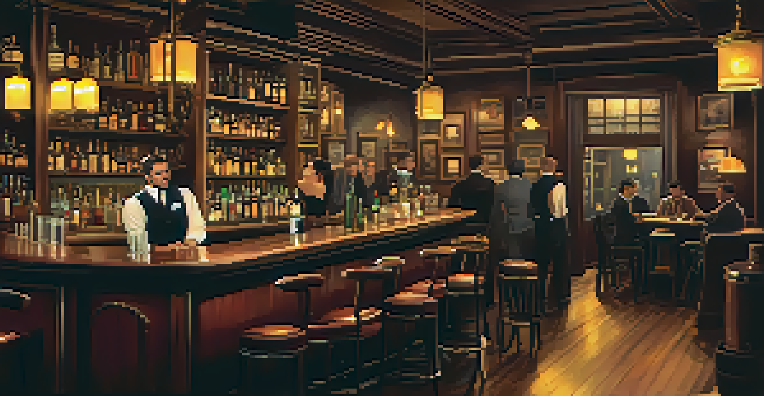 A cozy speakeasy bar with vintage decor and a bartender mixing cocktails in a warm, intimate setting.