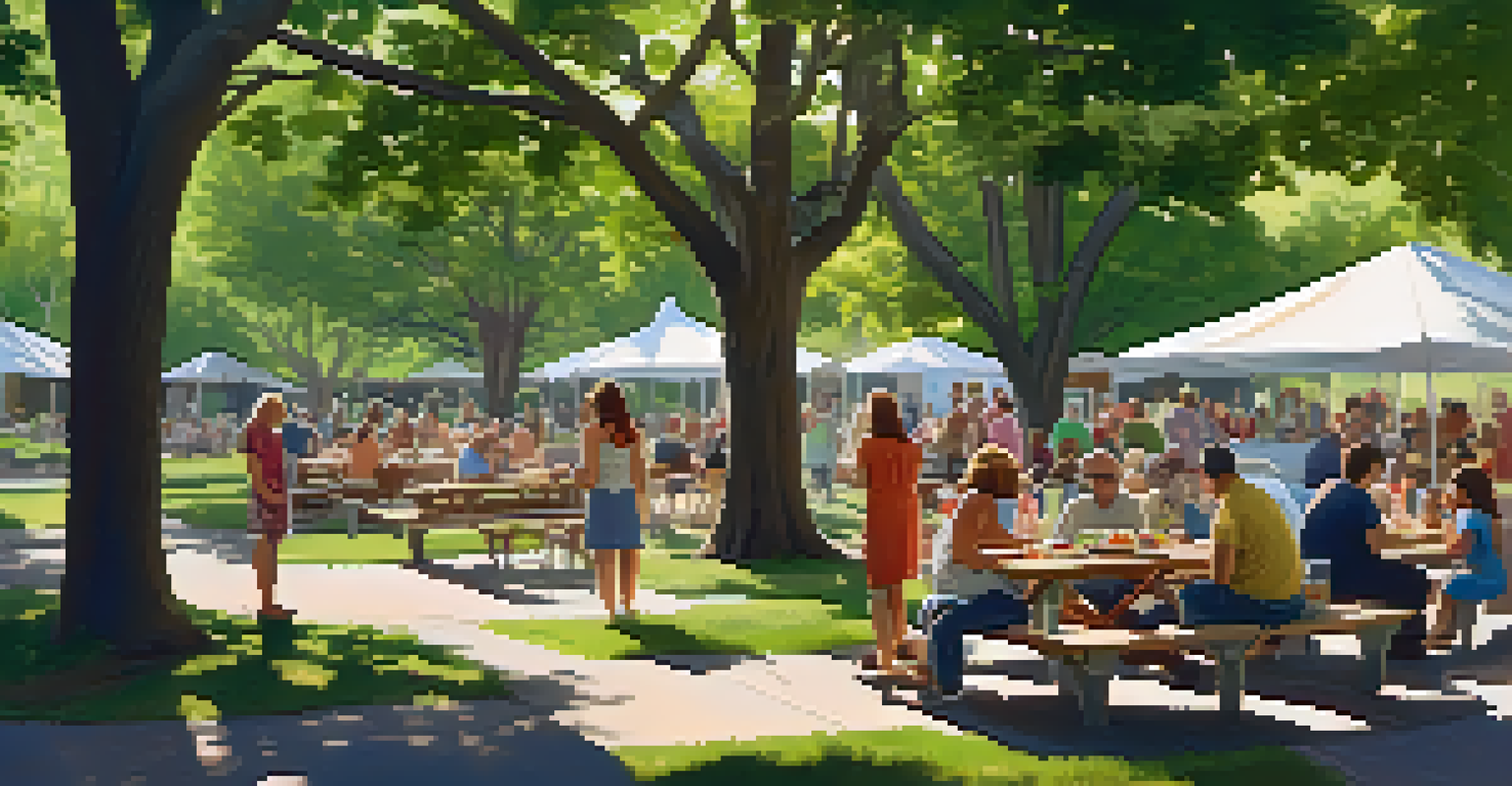 A community potluck in a neighborhood park with residents sharing food at picnic tables under trees, with sunlight filtering through.