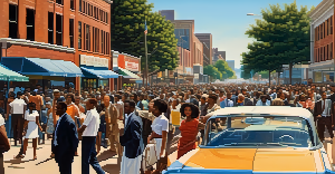A historic scene of a civil rights demonstration in Atlanta during the 1960s, with activists holding signs and a sunny street view.