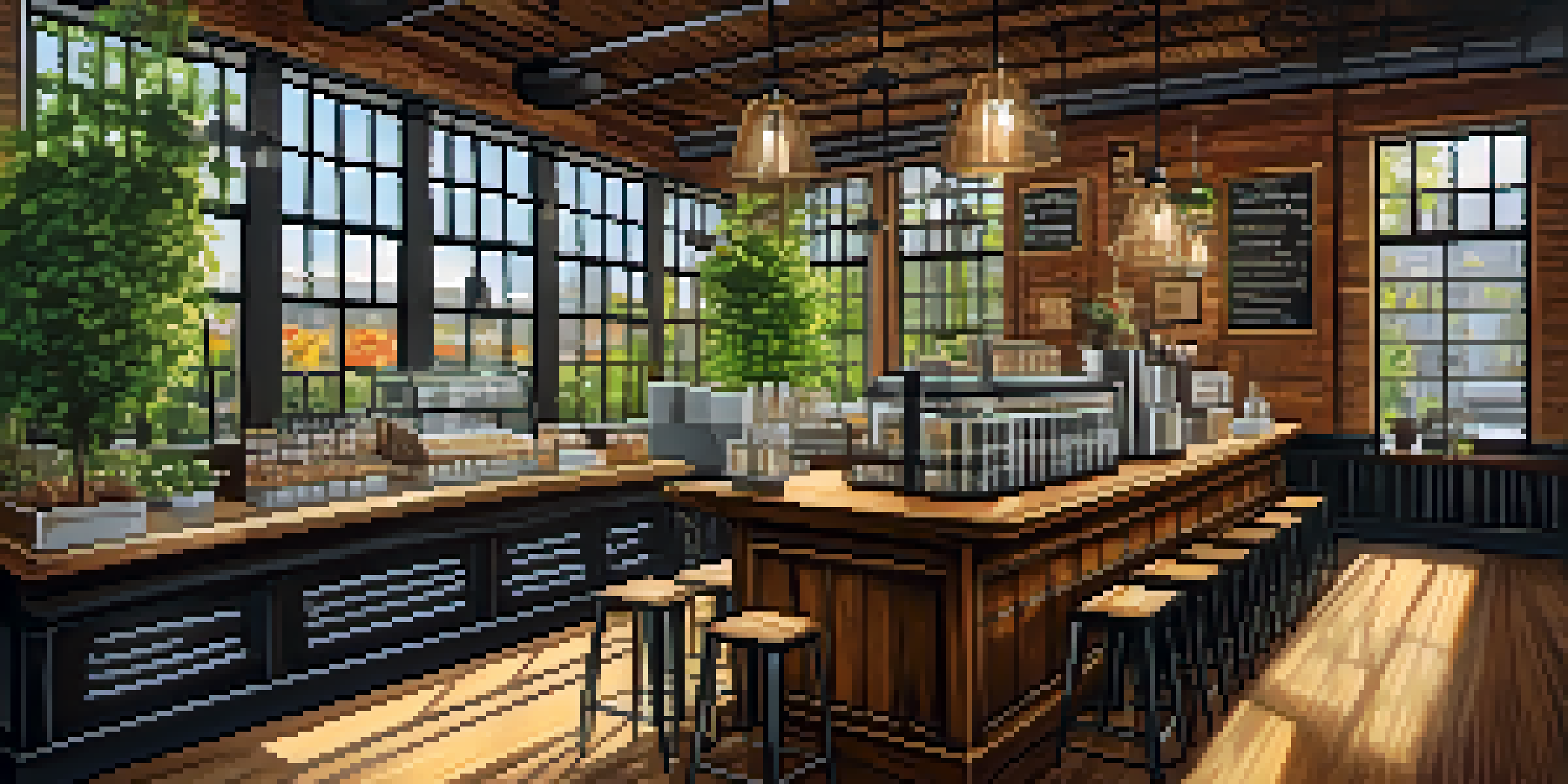 Interior of a cozy coffee roastery with wooden counter and bright sunlight, showcasing coffee beans and plants.