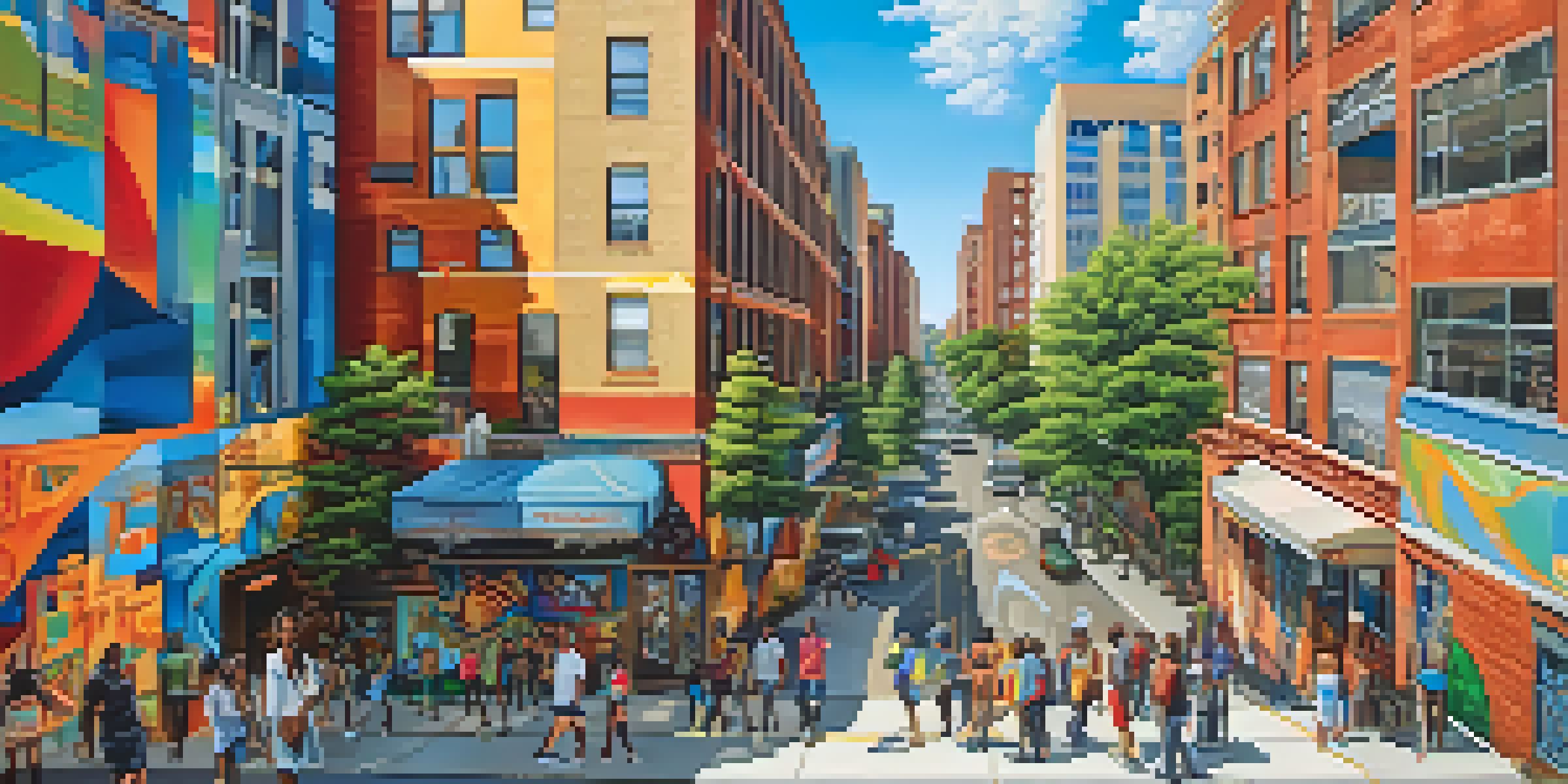 A colorful street mural in Atlanta showcasing the city's culture, with people walking by and greenery surrounding the area.