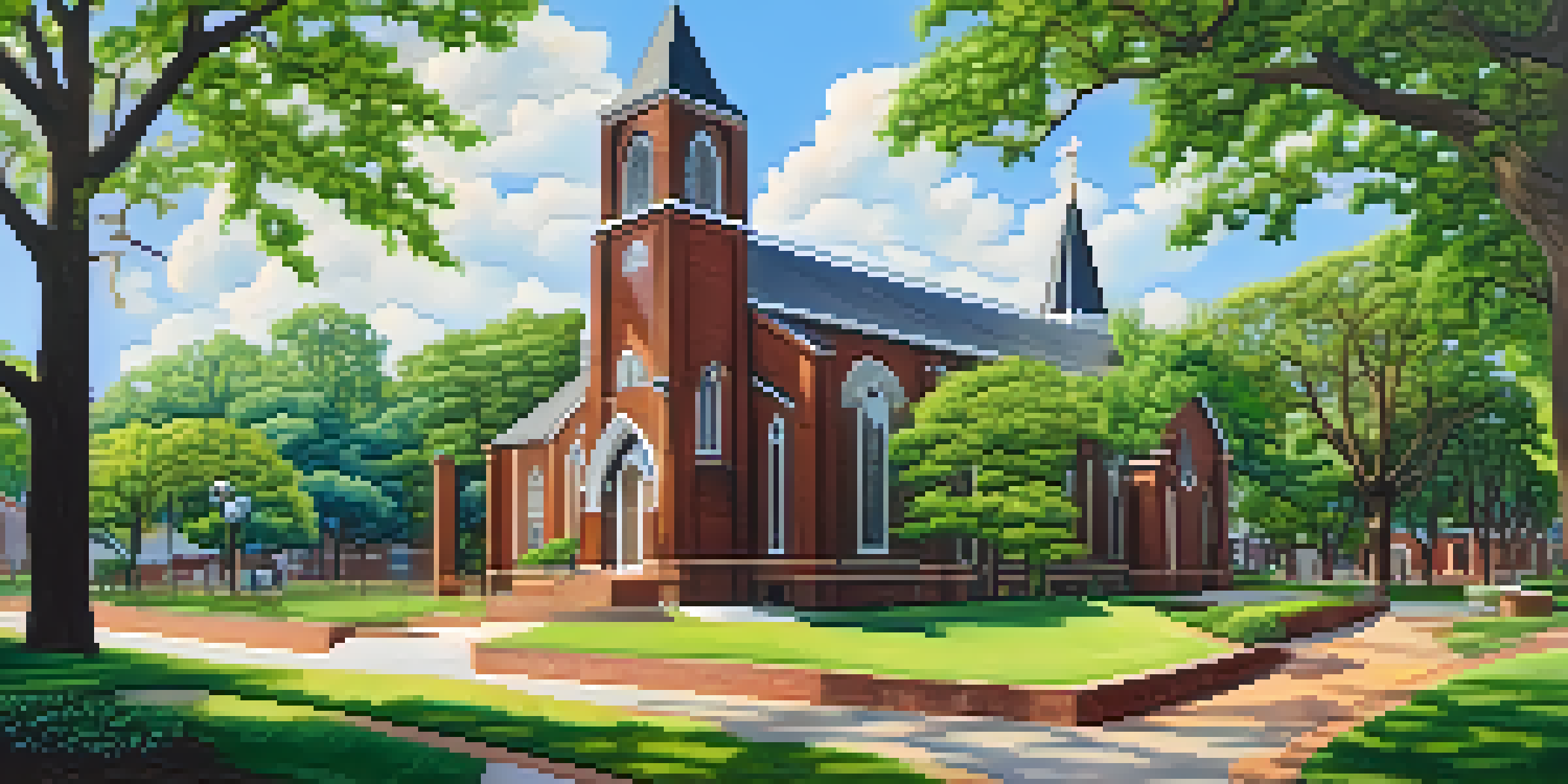 A serene view of the Ebenezer Baptist Church at the Martin Luther King Jr. National Historical Park, with sunlight illuminating stained glass windows and visitors walking along the paths.
