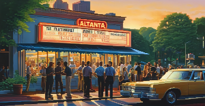 A vibrant film set in Atlanta with a diverse crew and iconic architecture in the background during sunset.