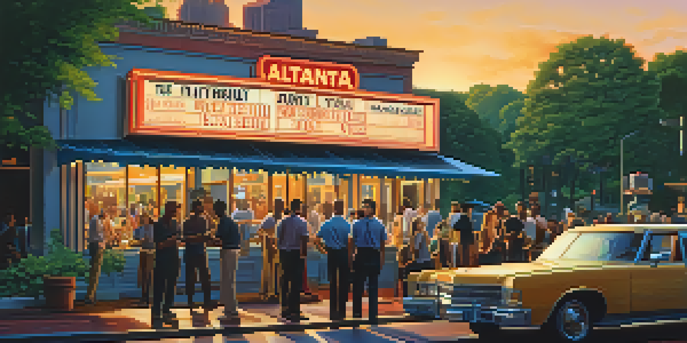 A vibrant film set in Atlanta with a diverse crew and iconic architecture in the background during sunset.