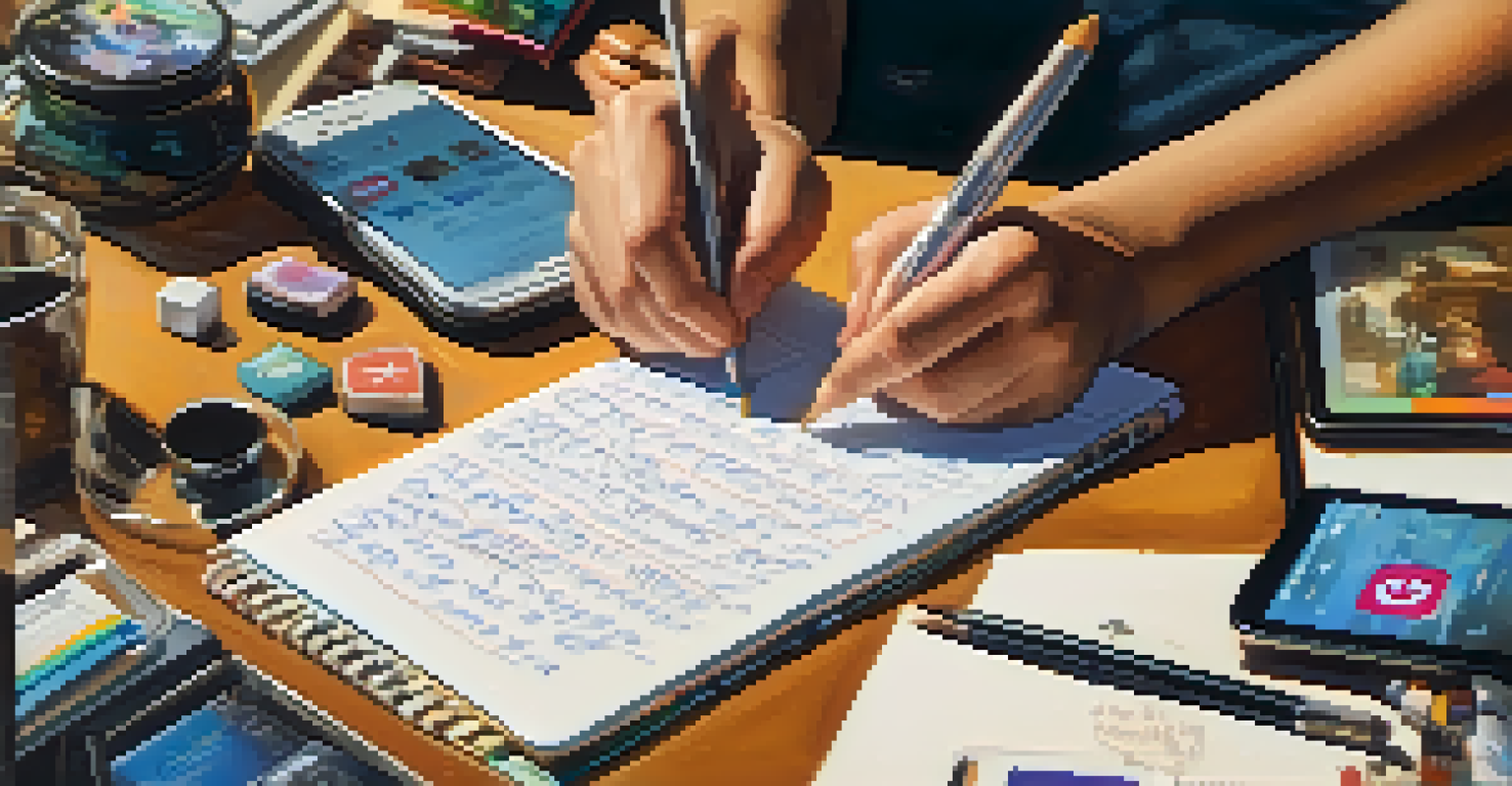 Close-up of a young activist's hands writing on a notepad surrounded by digital devices and art supplies, in a warm-lit atmosphere.