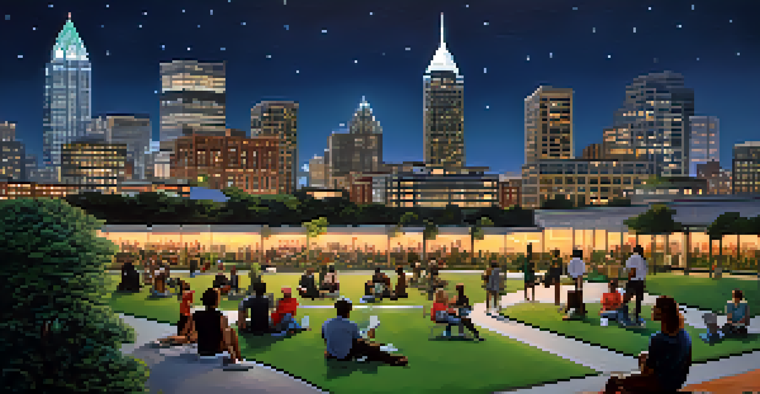 An artistic view of Atlanta's skyline at dusk, featuring city lights, with a diverse group of writers discussing their works in a park in the foreground.