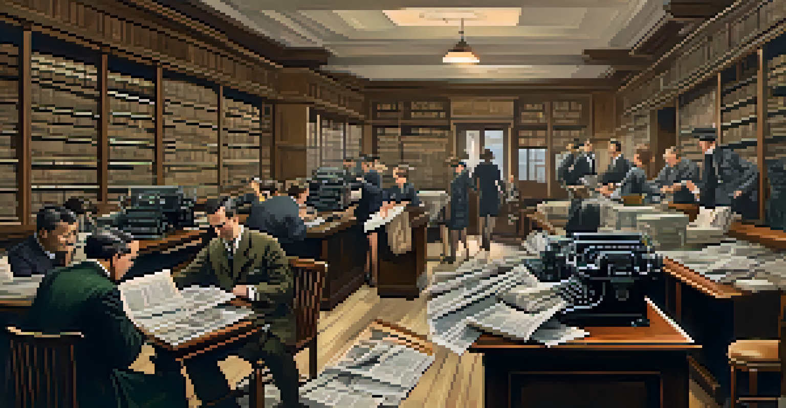 A vintage newspaper office with journalists working, highlighting the media's role in shaping public opinion.