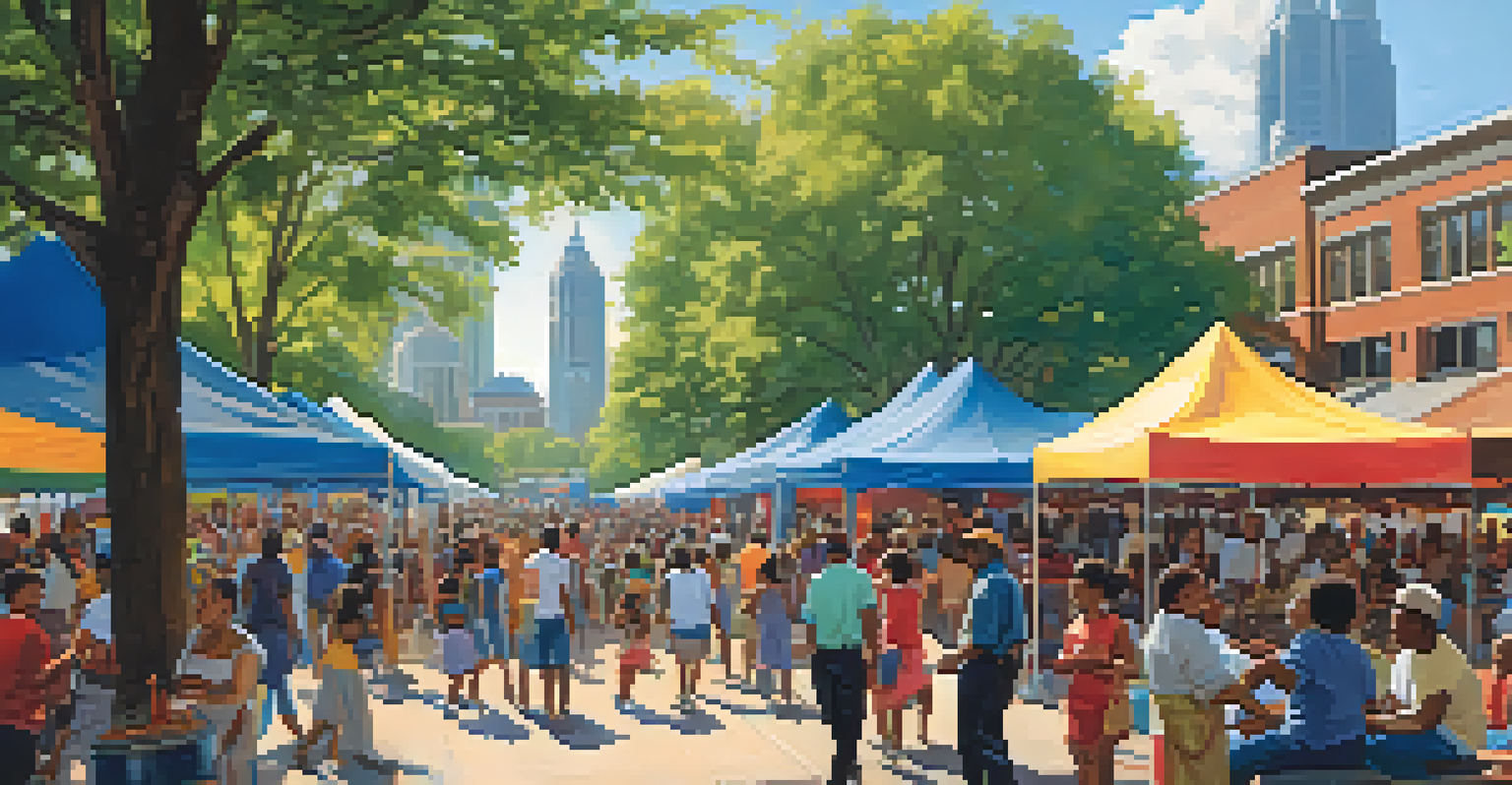 A vibrant modern-day scene of Atlanta during a cultural festival, featuring a diverse crowd, colorful banners, and the city skyline in the background.