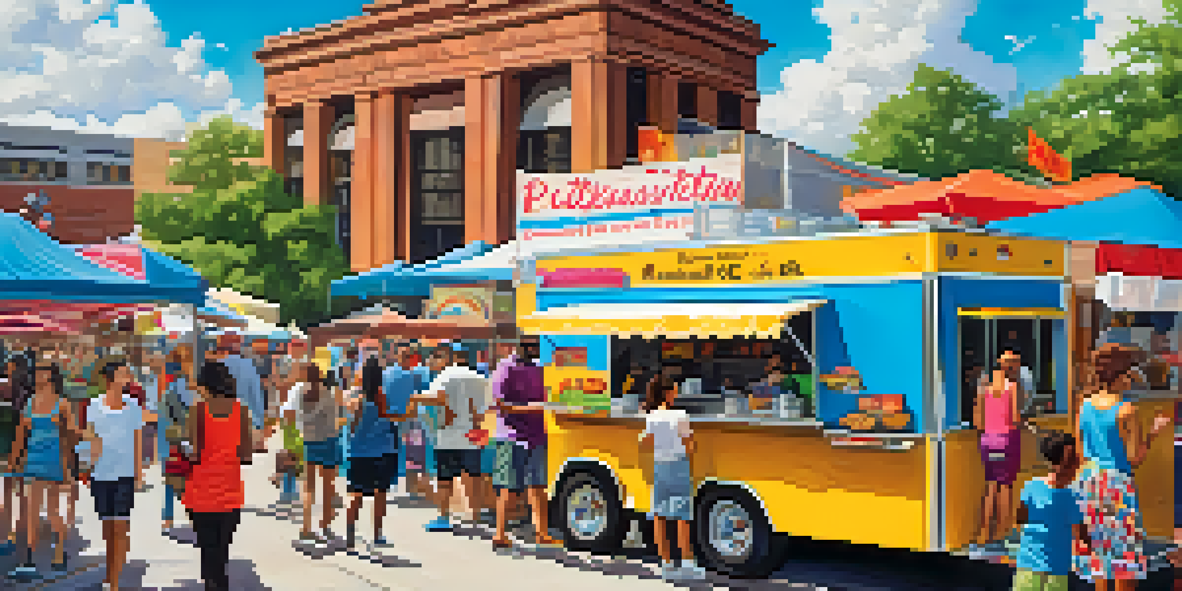 A lively food truck festival in Atlanta with various food trucks and people enjoying diverse cuisines.