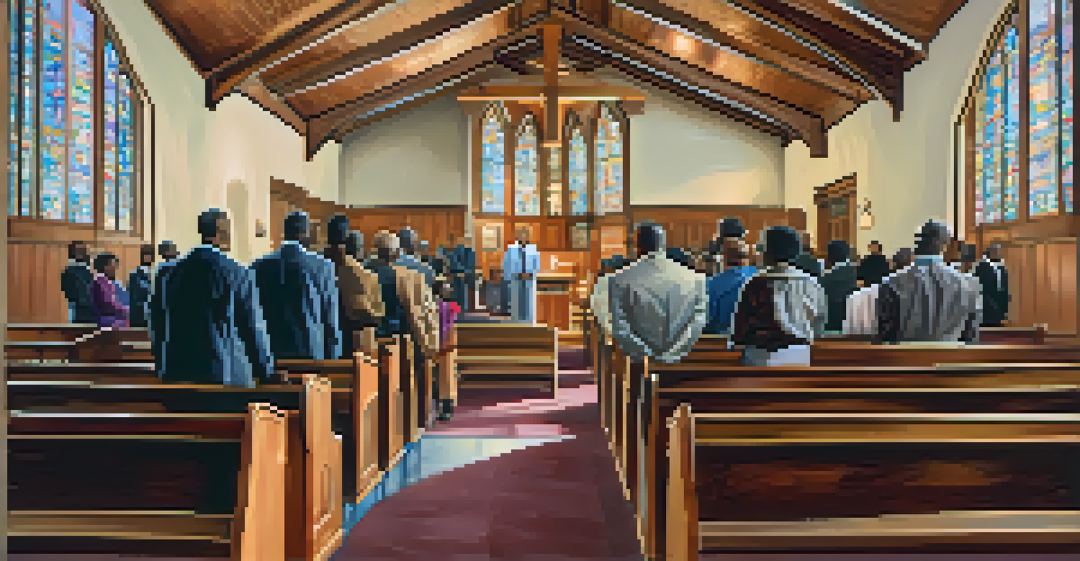 The interior of Ebenezer Baptist Church, depicting a congregation listening to a pastor's sermon surrounded by warm wooden pews and vibrant stained glass.