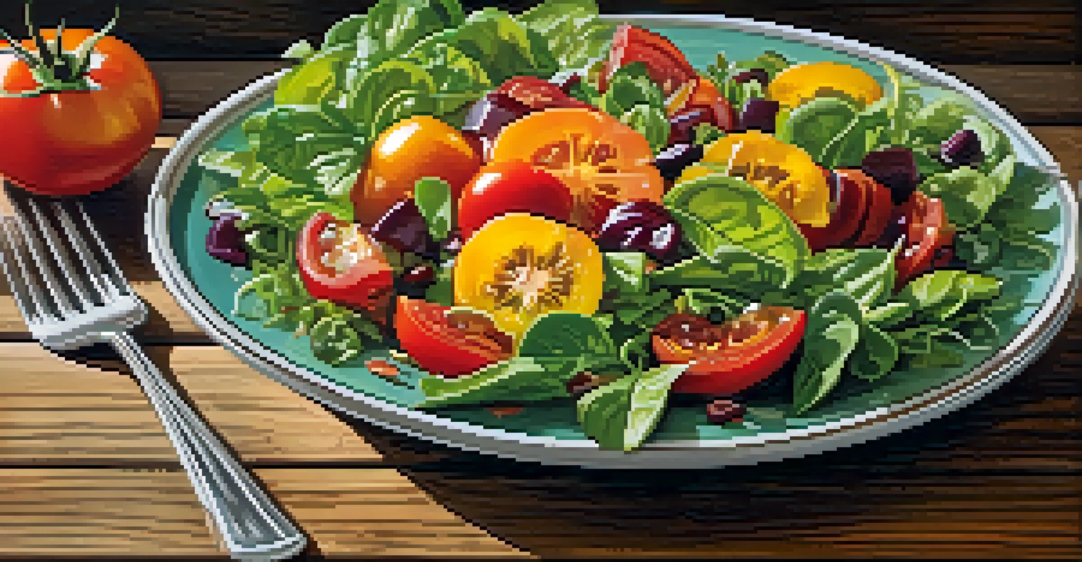 A colorful farm-to-table salad with heirloom tomatoes and fresh greens on a rustic table.