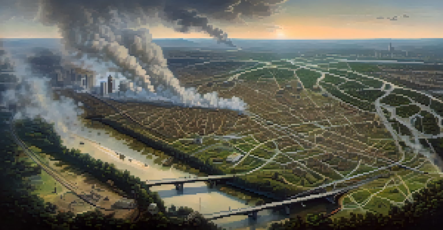 Aerial view of Civil War-era Atlanta showing transportation routes and military encampments amidst a backdrop of greenery and smoke from battle.