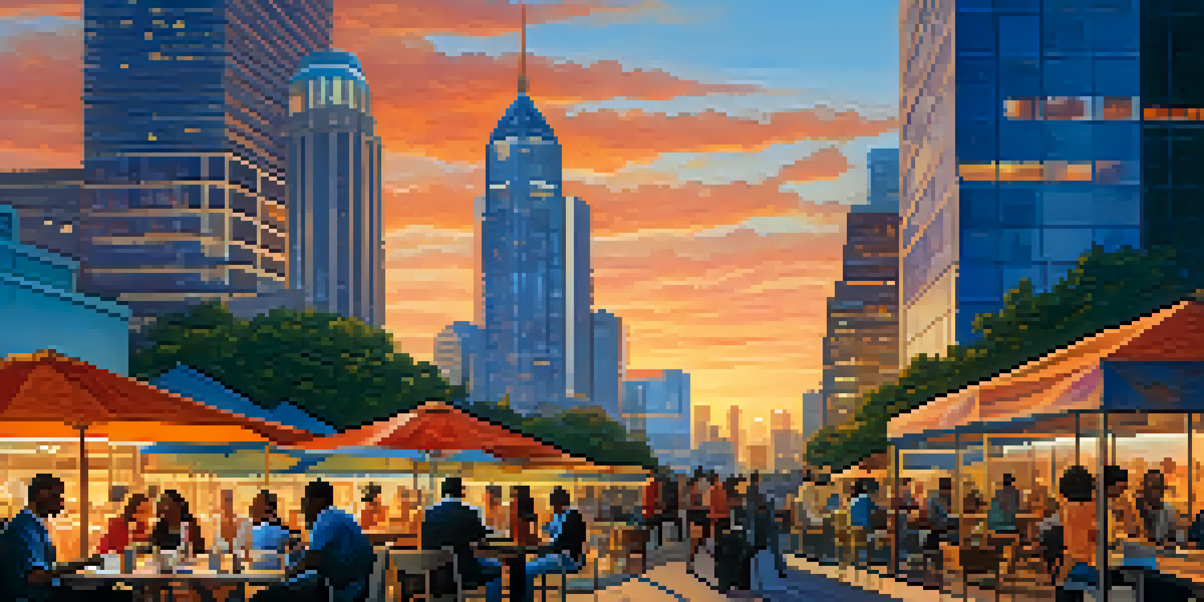 A vibrant cityscape of Atlanta at dusk with illuminated skyscrapers and a diverse group of entrepreneurs collaborating at an outdoor cafe.