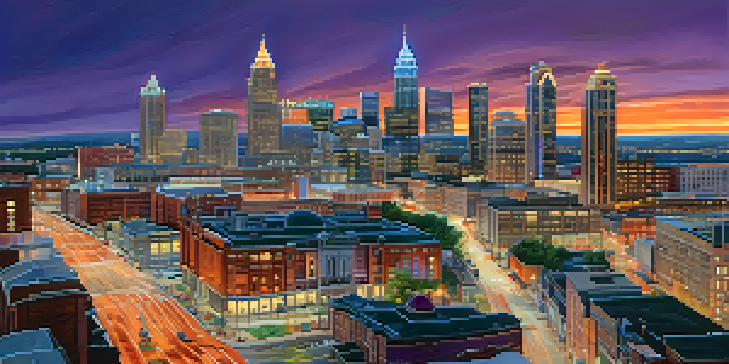 A panoramic view of Atlanta's skyline at dusk with modern skyscrapers and historic buildings, under a colorful sky.