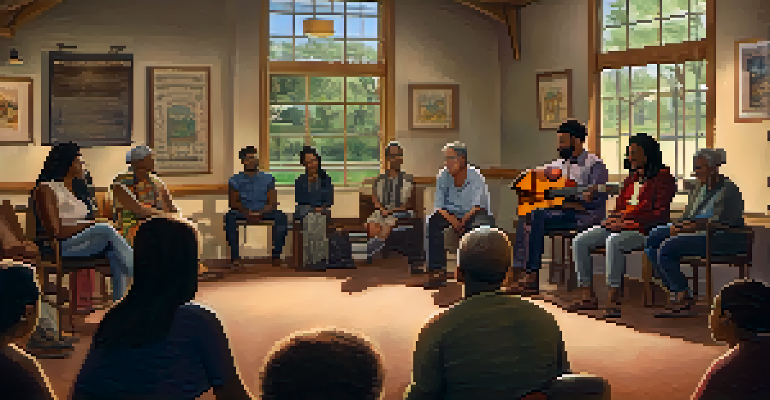 An intimate storytelling event with diverse participants sharing cultural stories in a warmly lit community center.