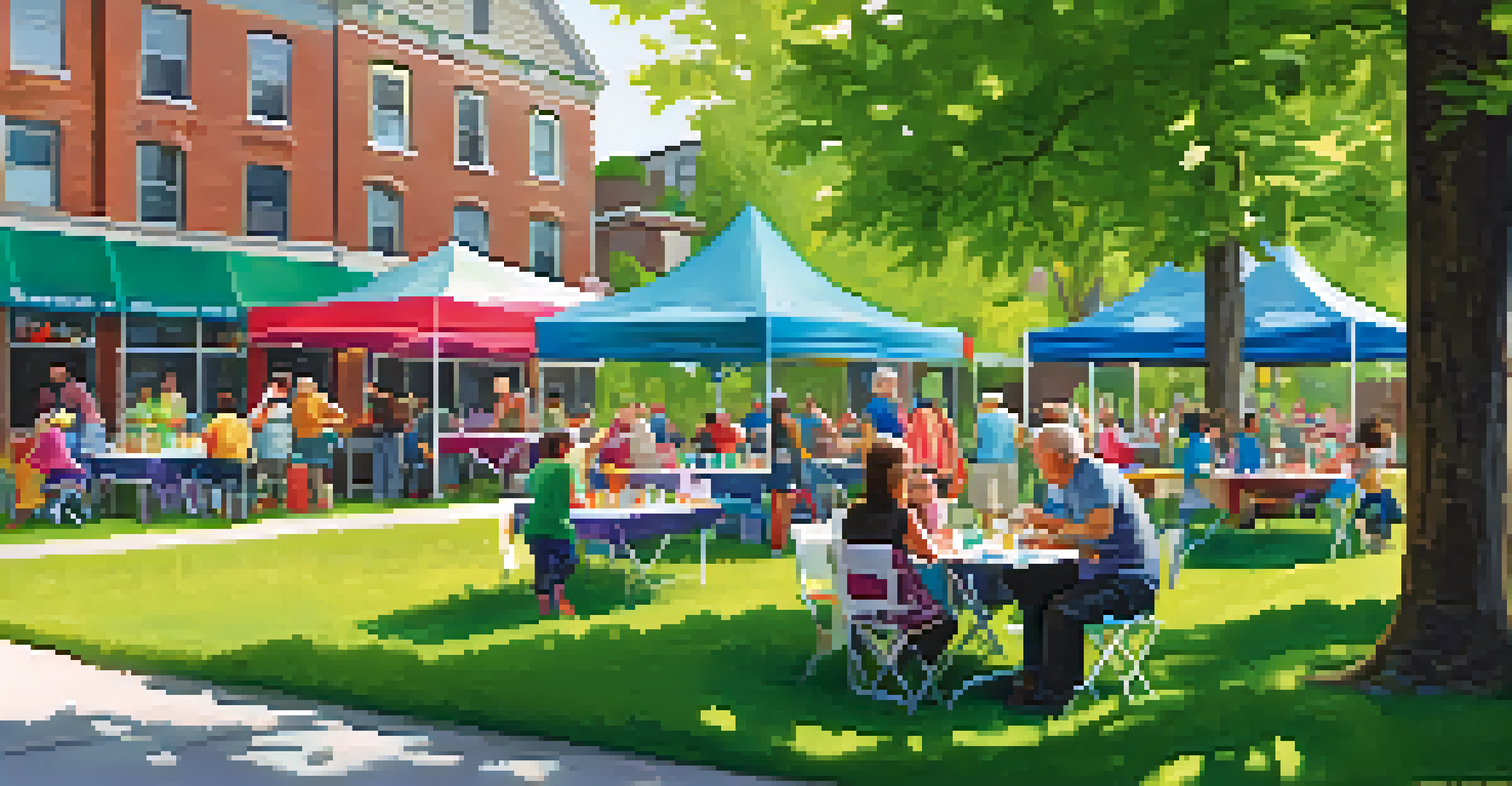 Residents enjoying a community block party with colorful decorations, food tables, and children playing games on a sunny day.
