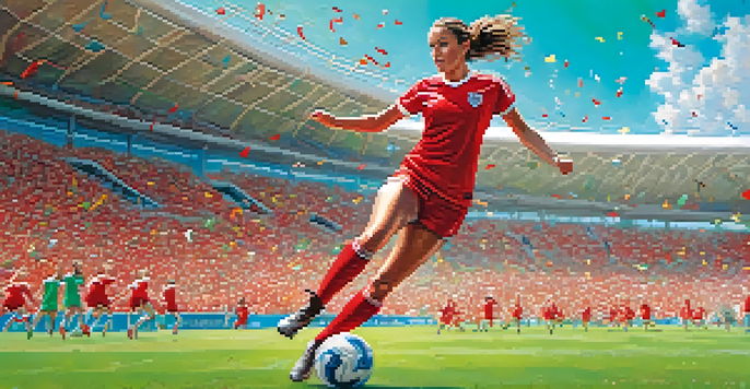 A female soccer player dribbling a ball on a soccer field, with fans cheering in the background.