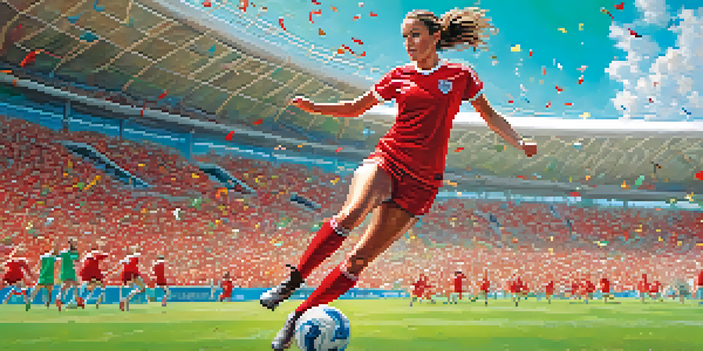A female soccer player dribbling a ball on a soccer field, with fans cheering in the background.