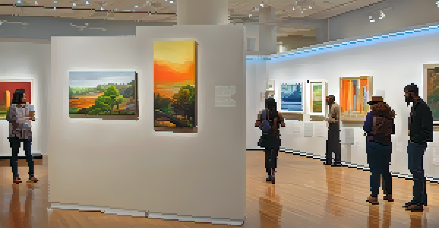 An art exhibit in a university gallery, featuring colorful artworks and engaged attendees in a welcoming environment.