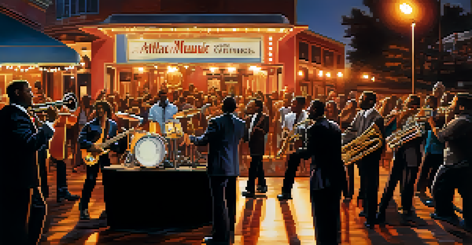 Musicians performing at an outdoor venue in Atlanta, with a jazz band on stage and a lively crowd enjoying the music.