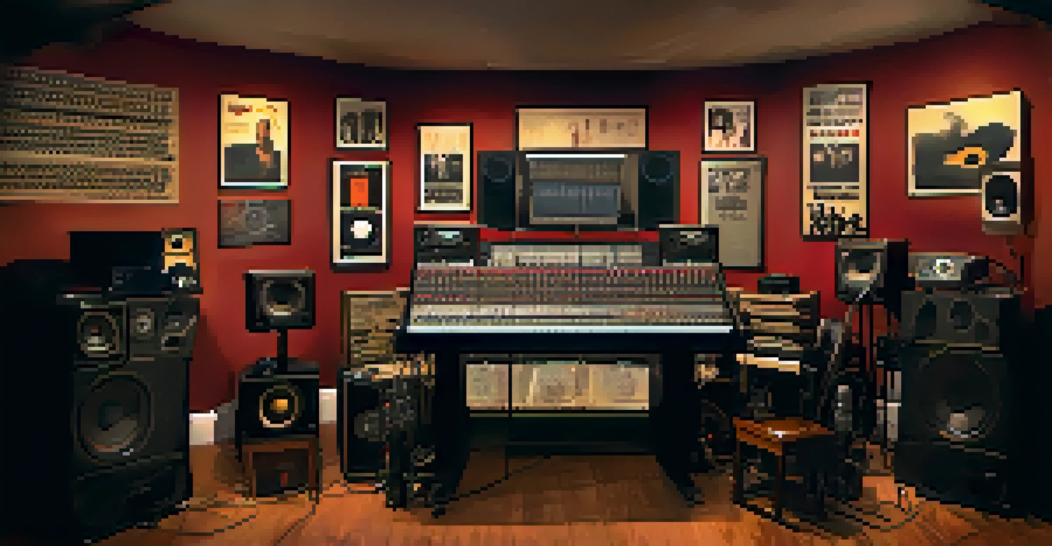A close-up of an artist recording in a cozy Atlanta studio, surrounded by vintage equipment and posters of famous musicians.