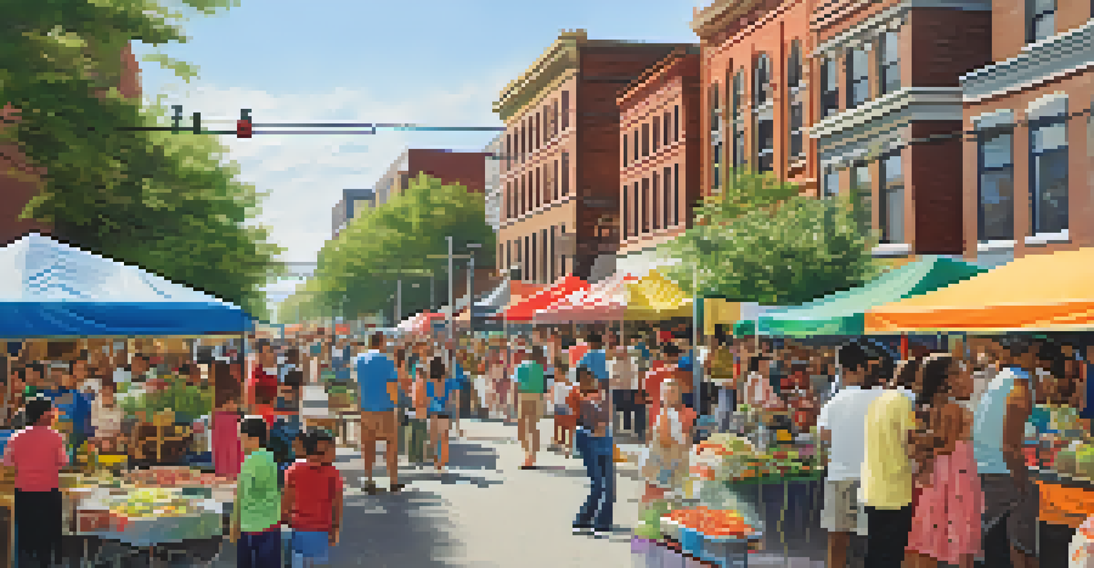 A vibrant community event near a streetcar stop, with local vendors, families enjoying activities, and colorful market stalls.