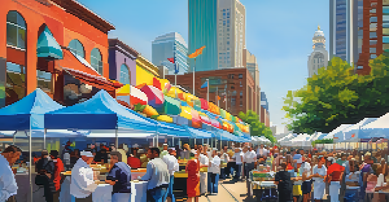 A lively outdoor culinary festival in Atlanta with chefs at colorful booths, people sampling food, and a clear blue sky.