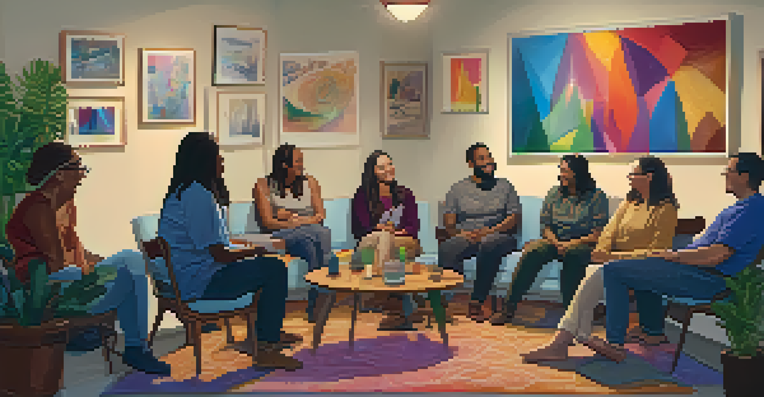 A cozy support group meeting for LGBTQ+ individuals in a softly lit room, with participants seated in a circle sharing their experiences with warmth and support.