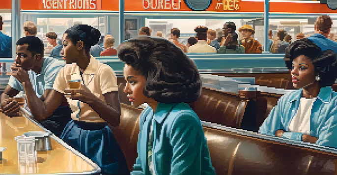 A group of young African American students participating in a peaceful sit-in at a lunch counter, showing determination amidst a divided crowd.