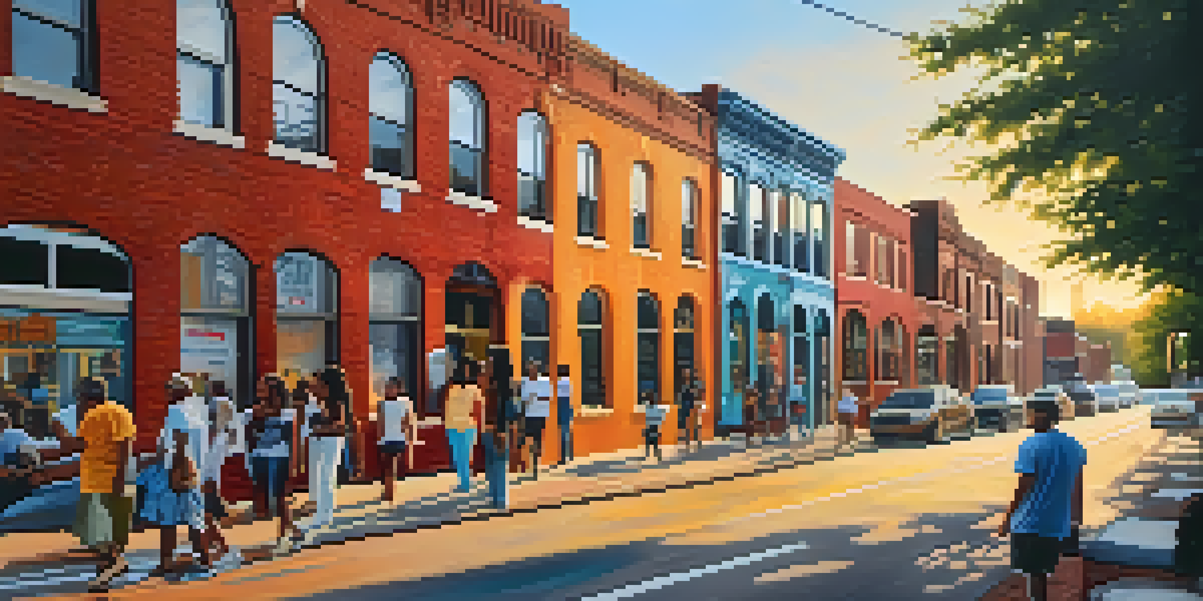 A lively street scene in Old Fourth Ward with colorful murals and diverse people enjoying the area during sunset.