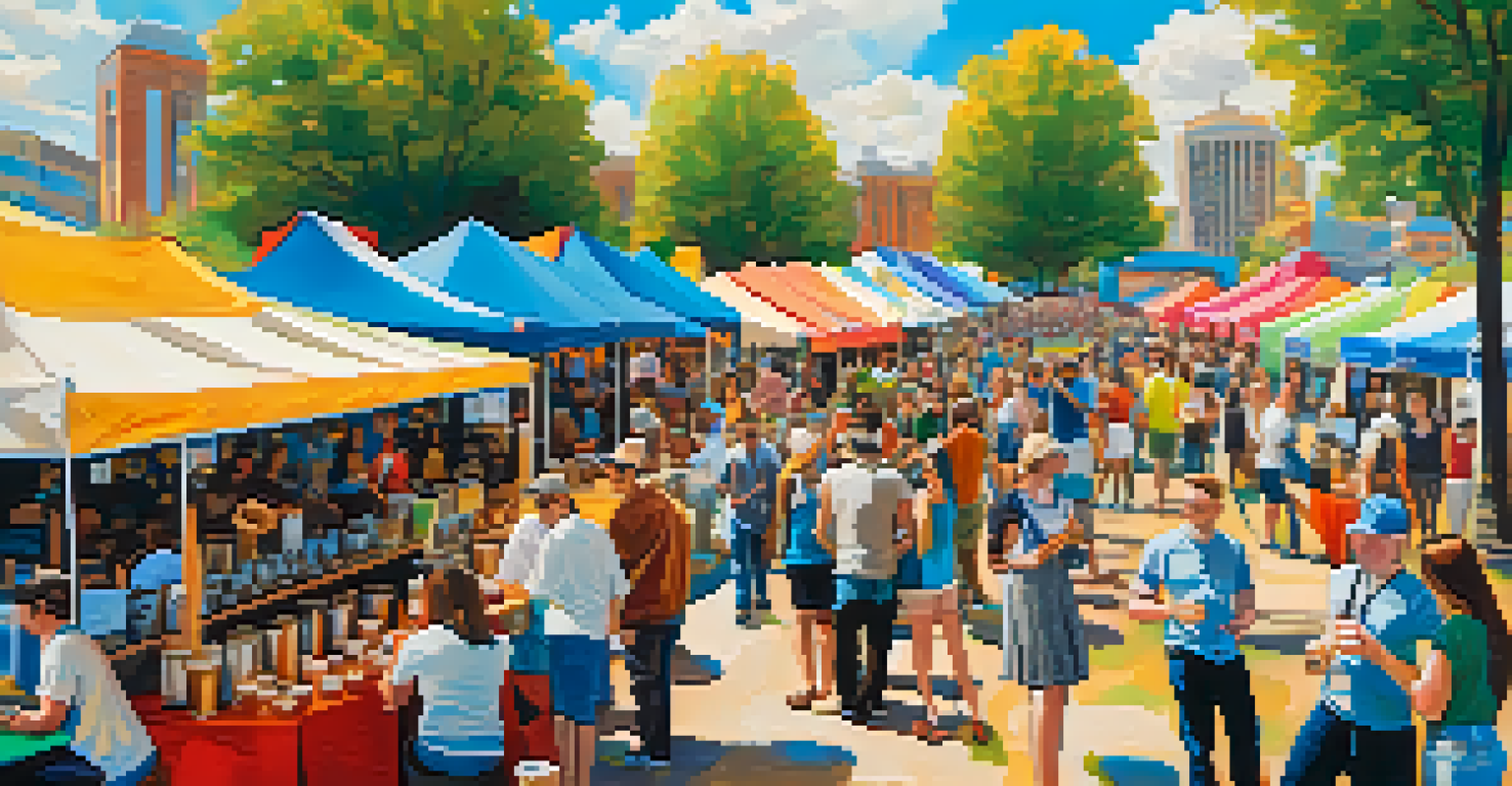 Outdoor coffee festival in Atlanta with colorful tents, visitors sampling coffee, and artists displaying their work.