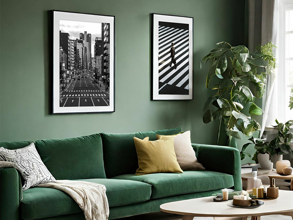 Zwart witte wanddecoratie in groene woonkamer