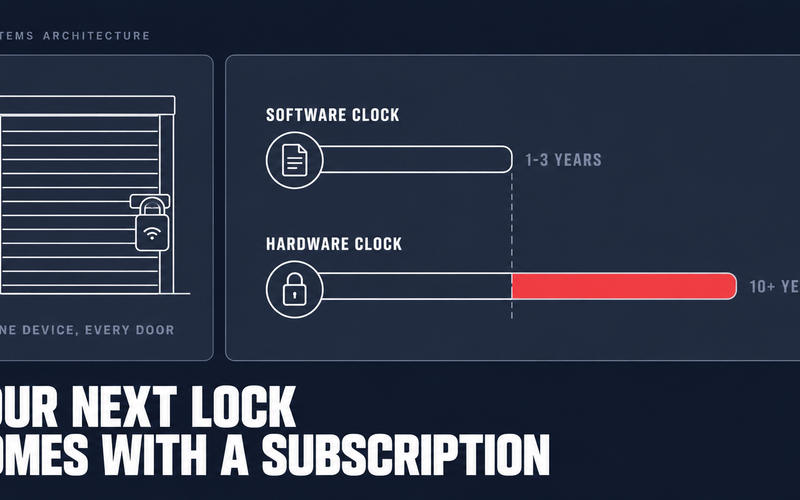 A short software contract timeline set against a much longer hardware timeline for a smart lock, with the years after the contract ends highlighted.