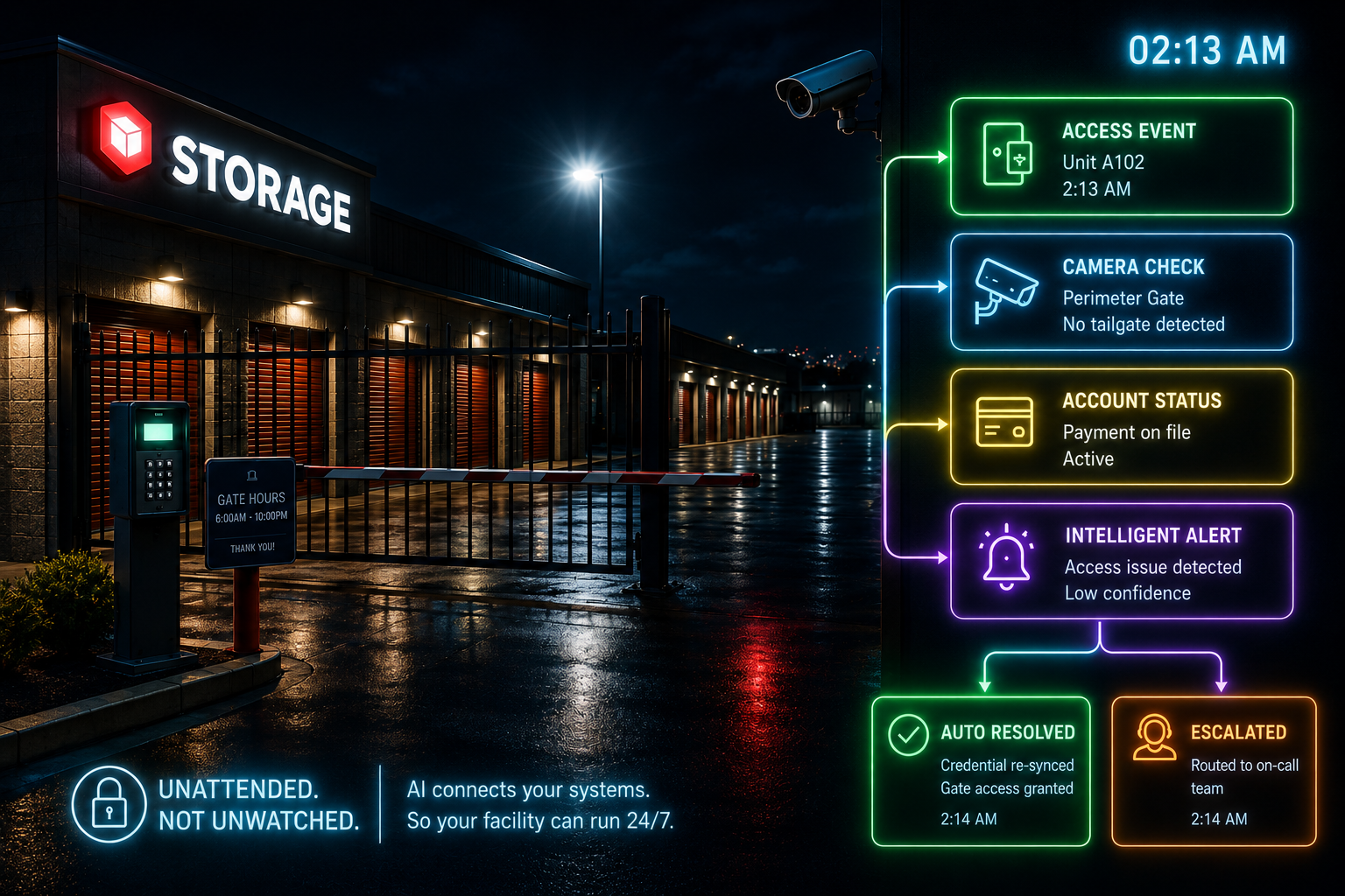 A self-storage facility corridor at night, lit by motion sensors, the overnight hours where AI actually earns its place.