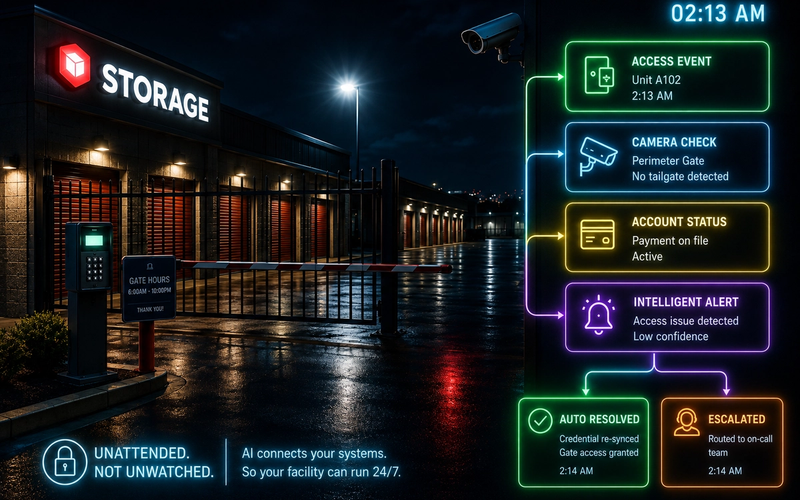 A self-storage facility corridor at night, lit by motion sensors, the overnight hours where AI actually earns its place.