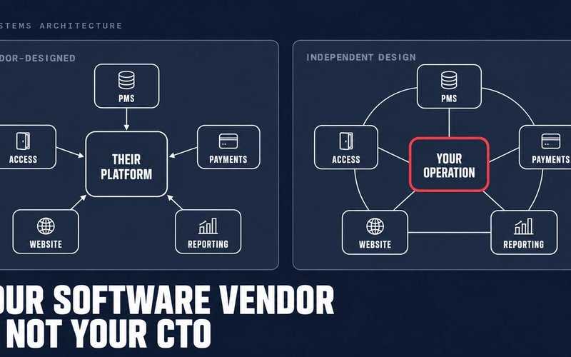 Two columns comparing a vendor-designed stack, where every system points to one platform, with an independent design, where systems connect around the operator.
