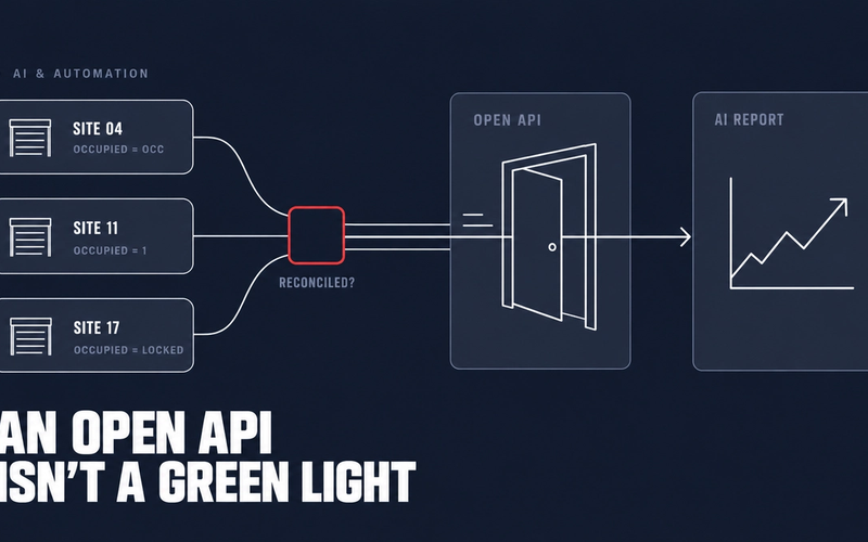 Three site records that each code "occupied" differently flow through an open API straight into an AI report, skipping an empty reconciliation check.