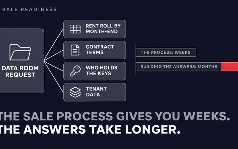 A diagram of four data room requests feeding a timeline in which the sale process bar is shorter than the bar for building the answers.