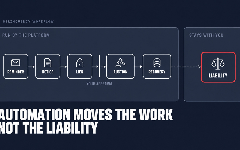 A delinquency workflow run by a platform from reminder to auction, with the legal liability shown staying with the operator.