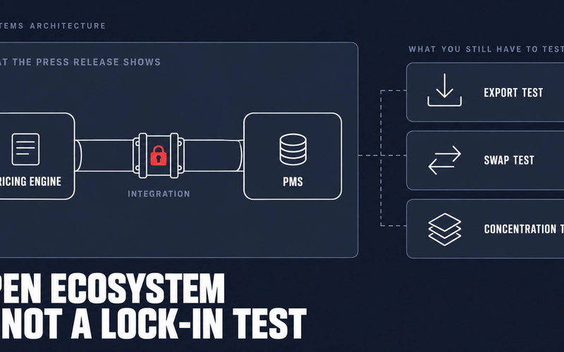 A pricing engine and a PMS joined by an integration pipe with a padlock on the coupling, beside three cards for the export, swap and concentration tests.