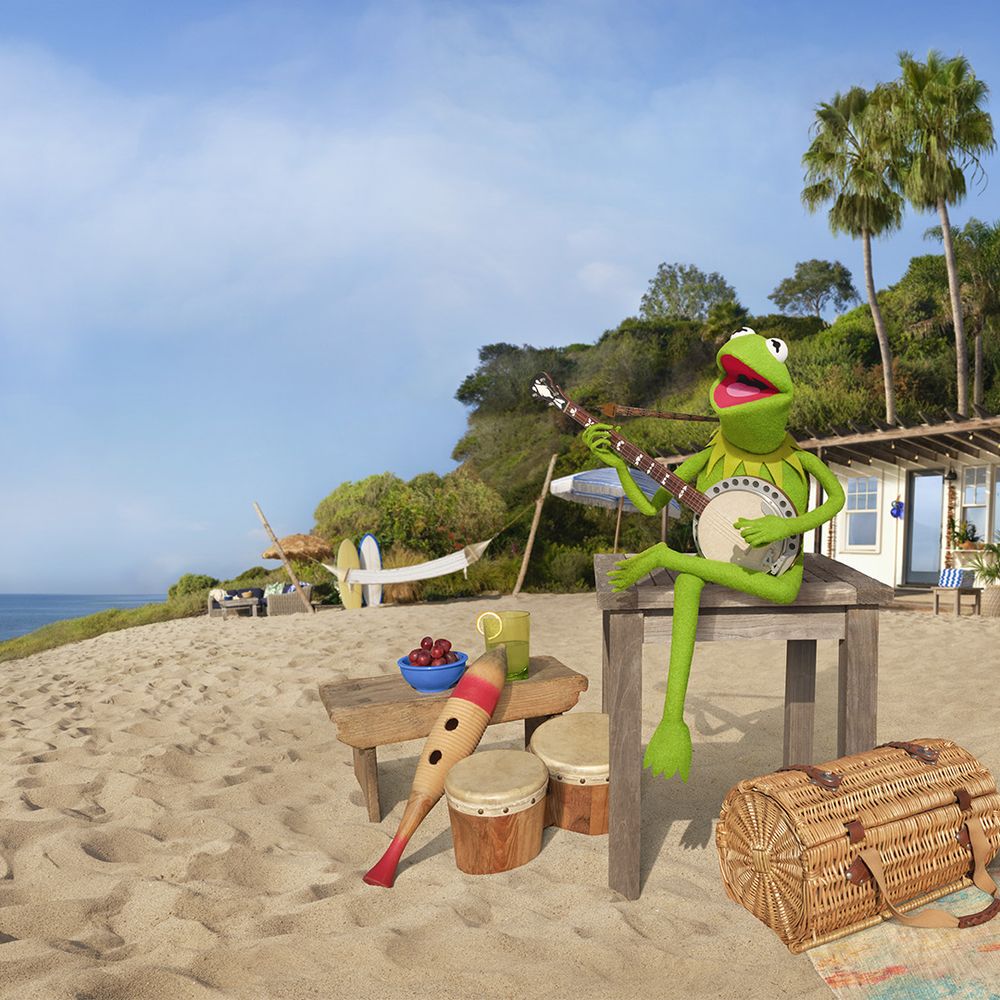 A photo of Kermit the frog playing a banjo on a beach in front of his rented beach house