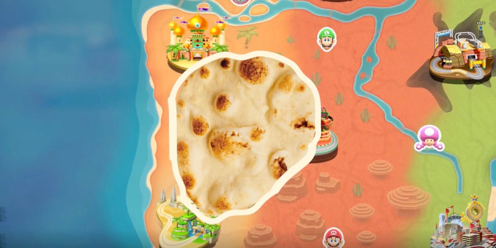 A map from a video game featuring a large naan bread overlaying desert terrain.