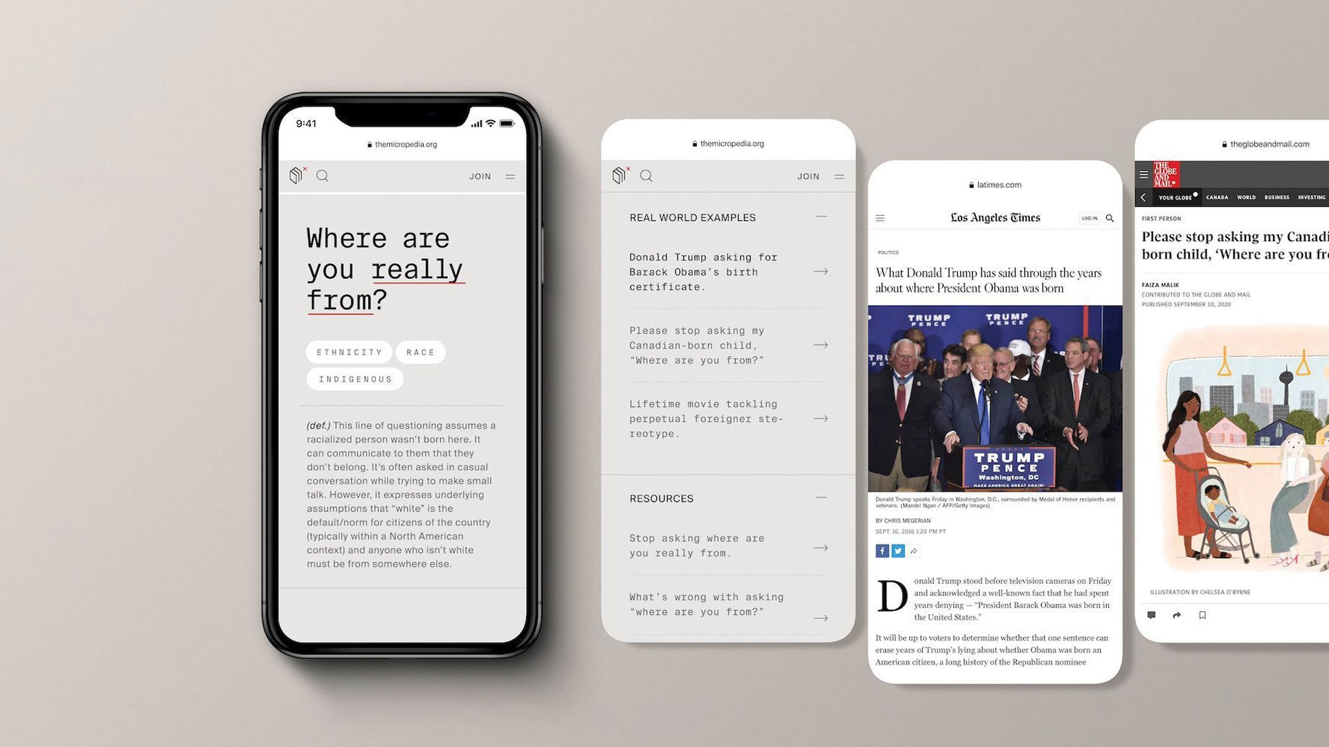 A mobile phone showing a website user interface with a definition of a micro aggression and screenshots of the microgression in real world examples.